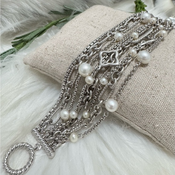 David Yurman Multi Strand Pearl Chain Toggle Bracelet .925